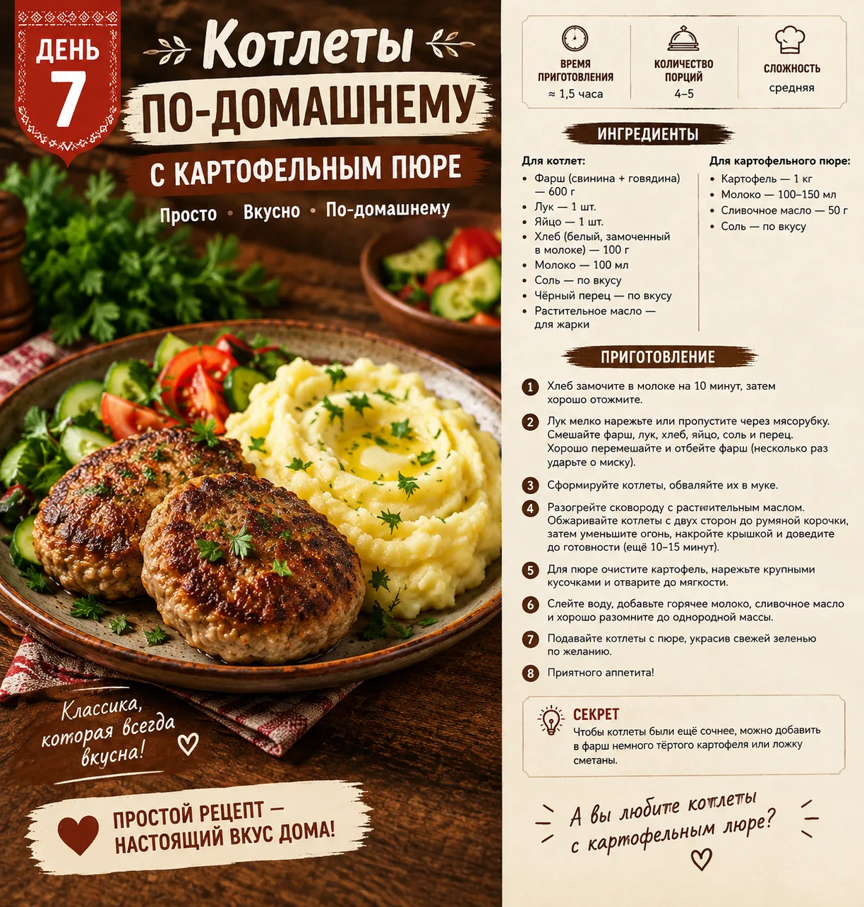 🍽️  КОТЛЕТЫ ПО-ДОМАШНЕМУ С КАРТОФЕЛЬНЫМ ПЮРЕ