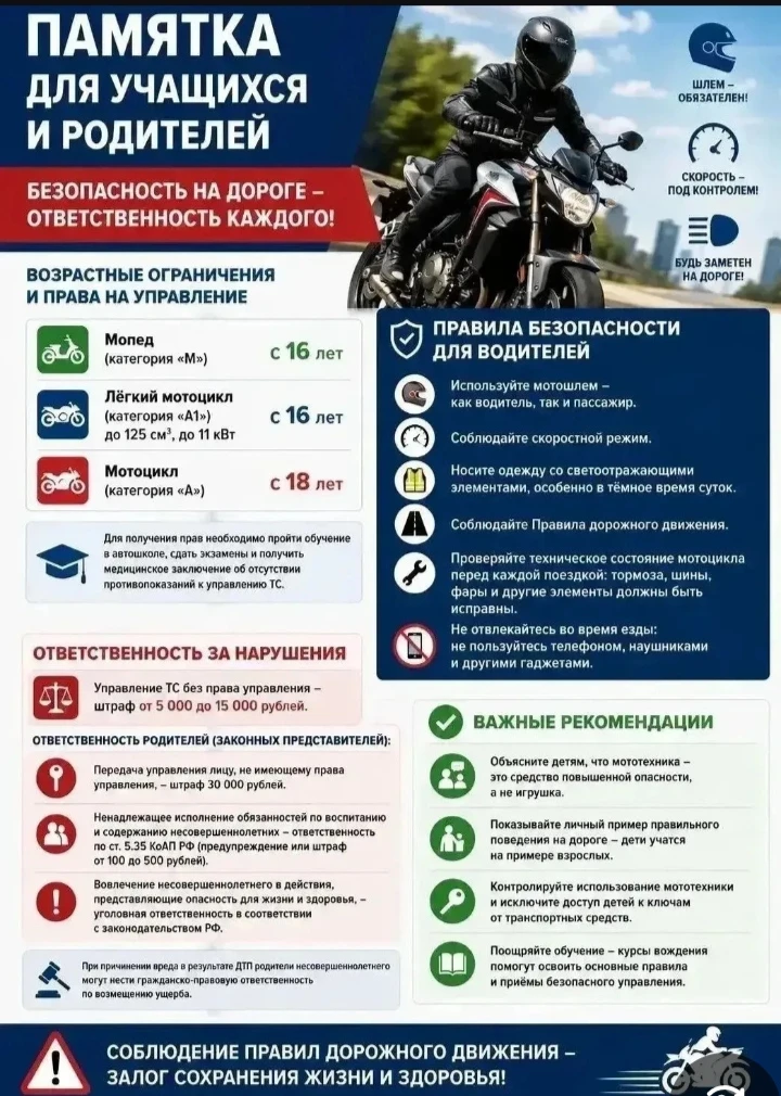 🏍Памятка для школьников и родителей: безопасность на мототранспорте

✅Дорогие ребята и родители!Нас