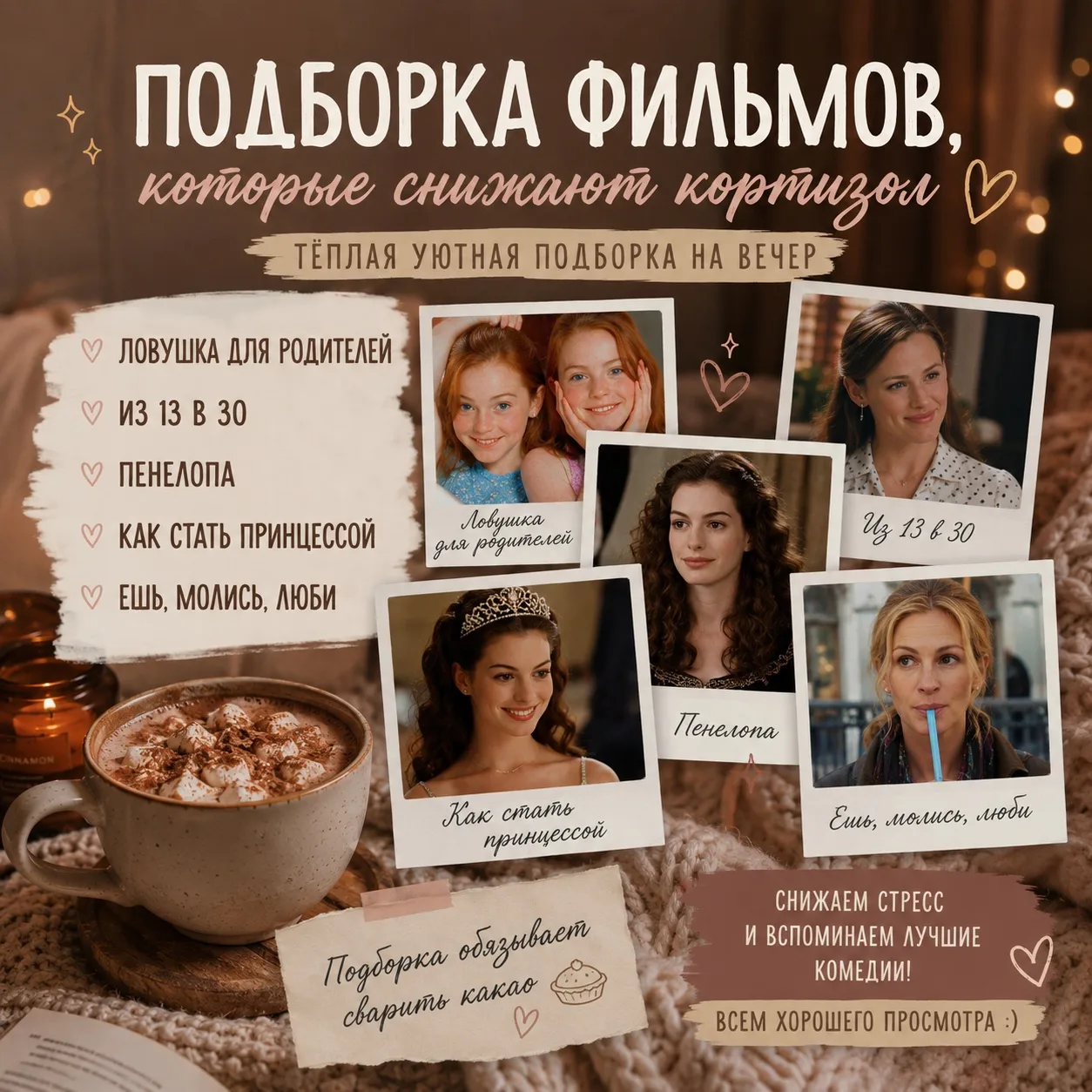 Подборка фильмов, которые снижают кортизол 🎬🤍