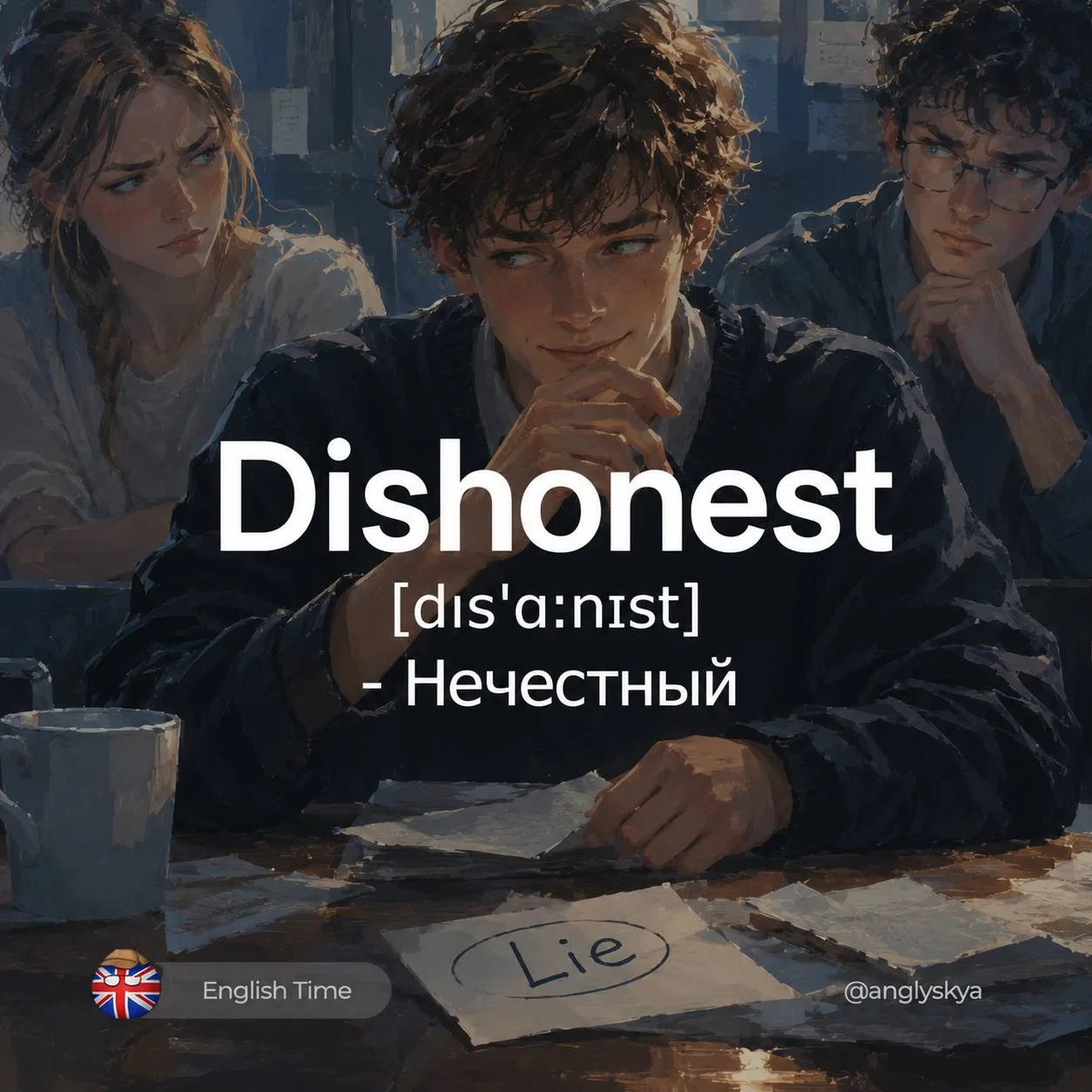 Dishonest (dɪsˈɑːnɪst) – нечестный

Похожие слова:  
1. Deceitful (dɪˈsiːtfəl) – обманчивый
2. Fraud