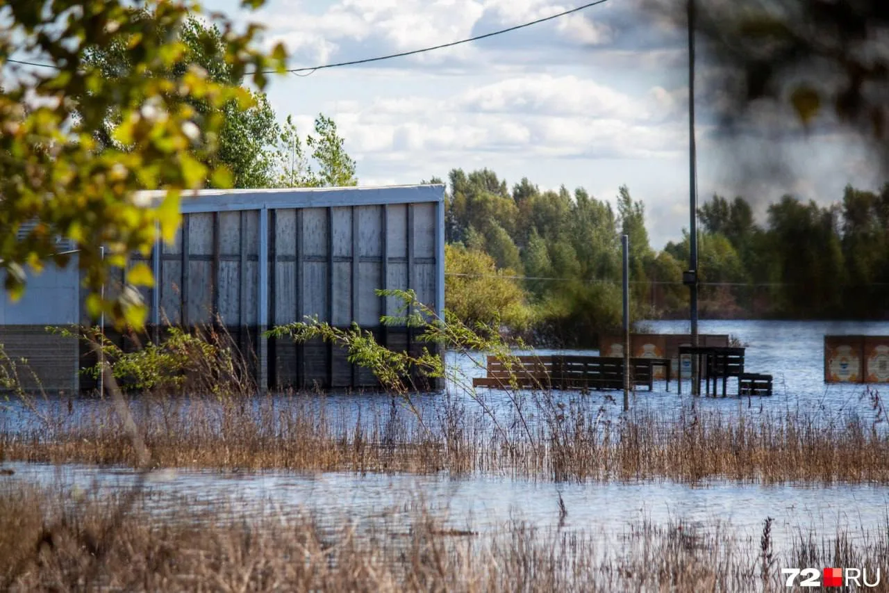 Тюменский городской пляж остается затопленным. Спасательная вышка, фудтрак и здания сто...