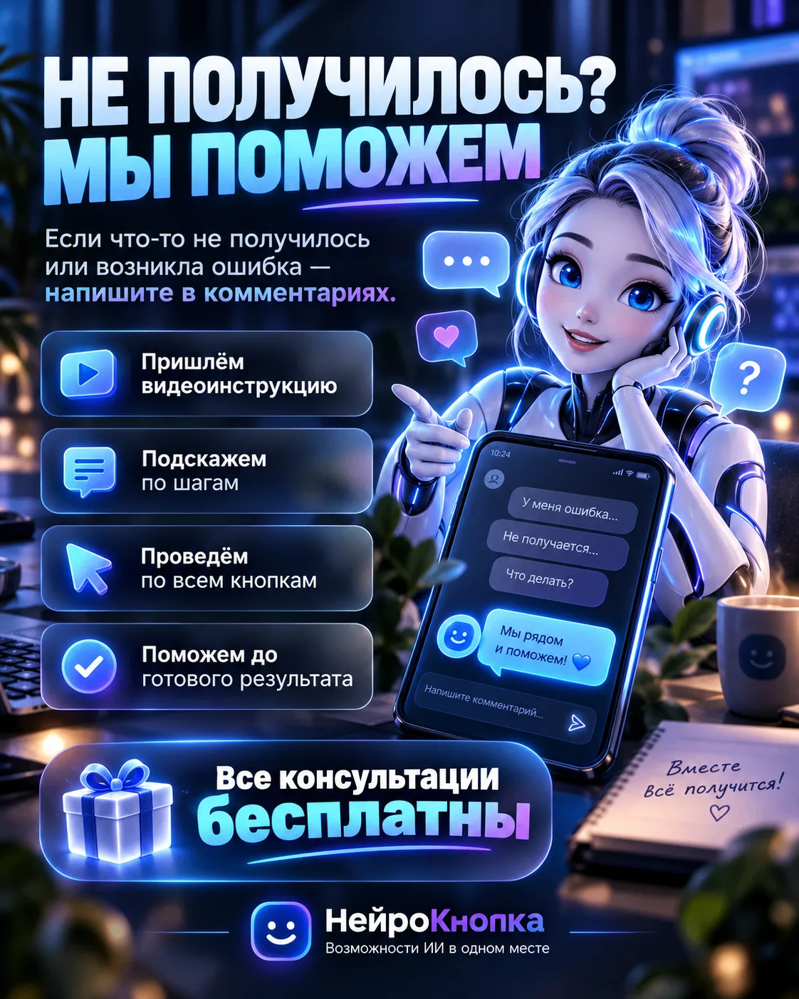 💙 С НейроКнопкой не нужно разбираться в нейросетях самостоятельно.