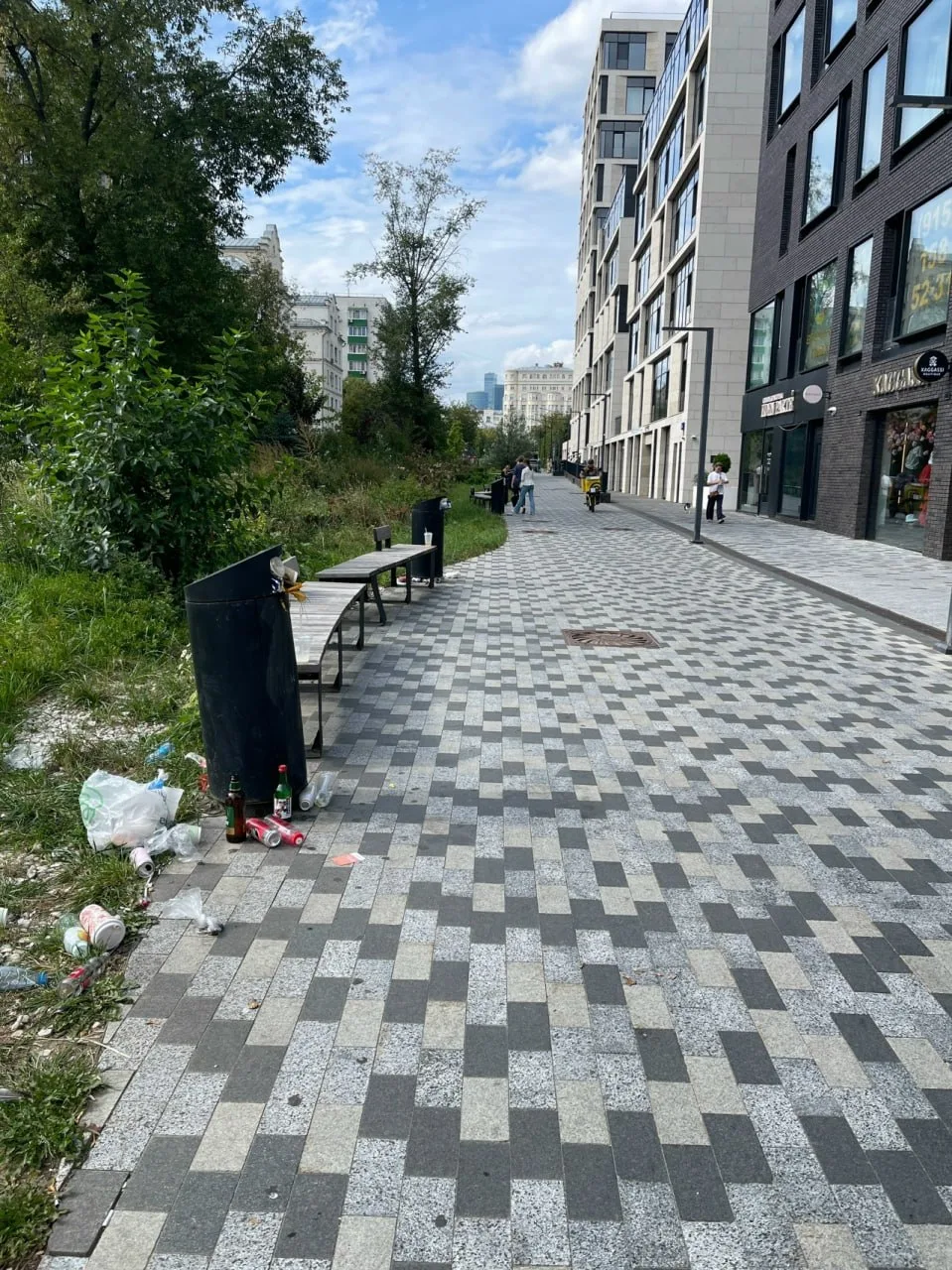 Вот такая картина уже несколько дней у сквера на Доватора. Урны битком, мусор валяется.
