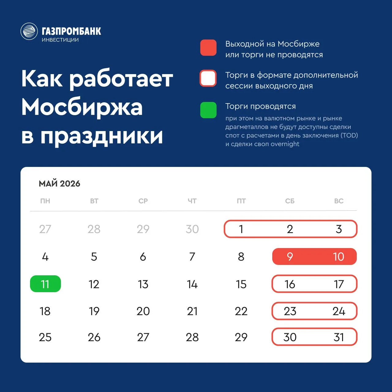 📍 Деньги не спят: как будет работать Мосбиржа в праздники  Несмотря на майские праздники, Мосбиржа п