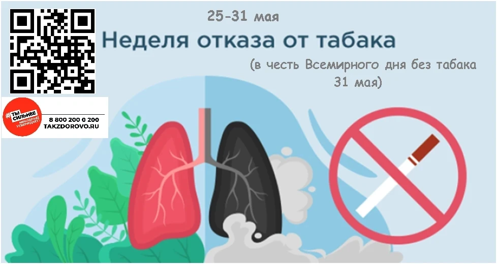 С 25 по 31 мая проводится Неделя отказа от табака, приуроченная ко Всемирному дню без т...
