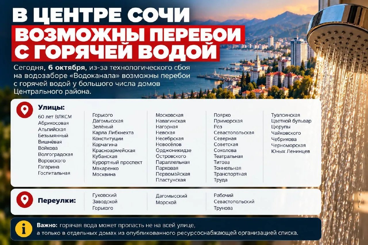 ⚡️ В центре Сочи из-за сбоя возможны перебои с горячей водой