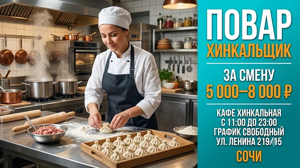🔥 Срочно требуется повар-хинкальщик — Сочи

📍 Кафе-хинкальная
Адрес: ул. Ленина, 219/15
⏰ Время ра