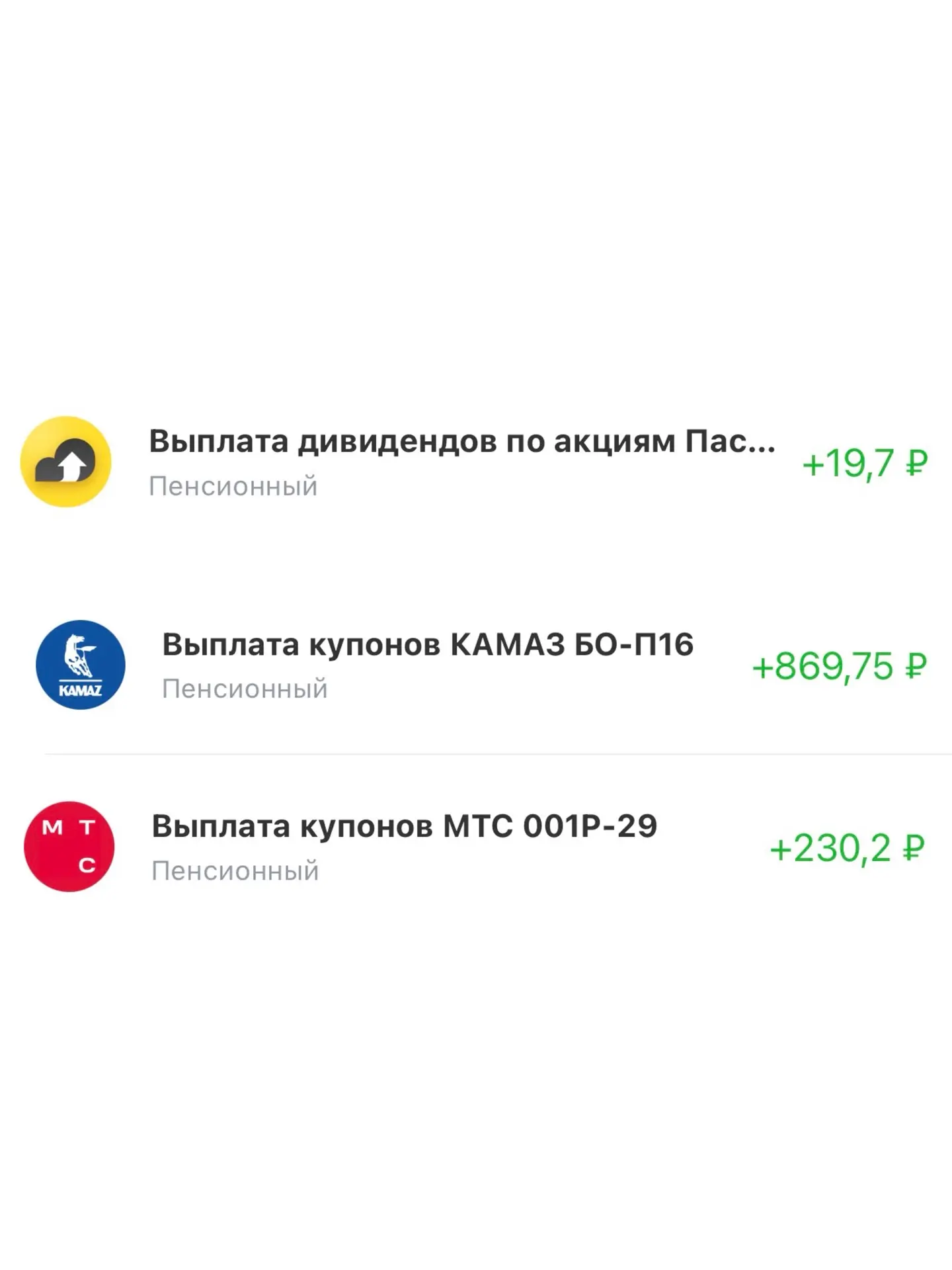 Купоны и дивиденды за неделю .

За неделю поступили все купоны и дивиденды в пенсионный портфель 
+1