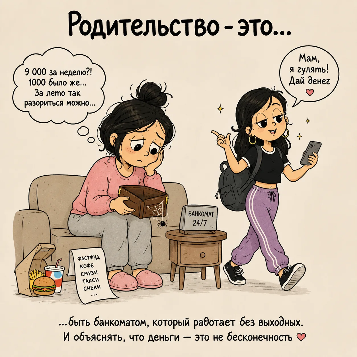 Дочери 13 лет. 

"Мам, я гулять" всегда сопровождается словами "дай денег". 

В итоге у нее карманны