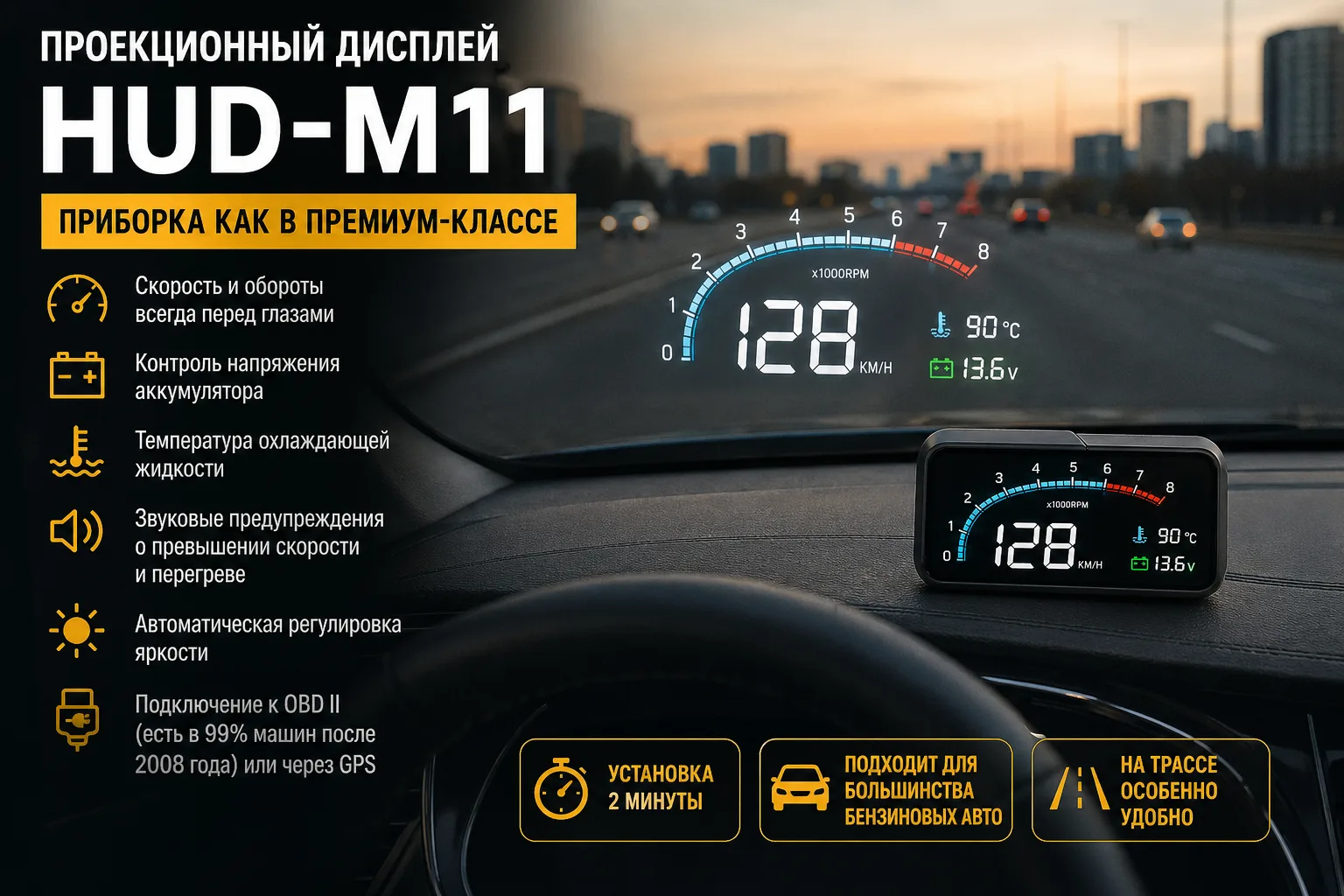 🚗 Проекционный дисплей HUD-M11: обзор после теста Друзья, на прошлой неделе поставил себе проекционн