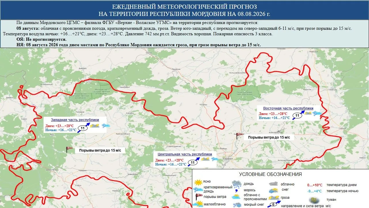 ⛈️ 8 августа в Мордовии облачная с прояснениями погода, кратковременный дождь, гроза. В...