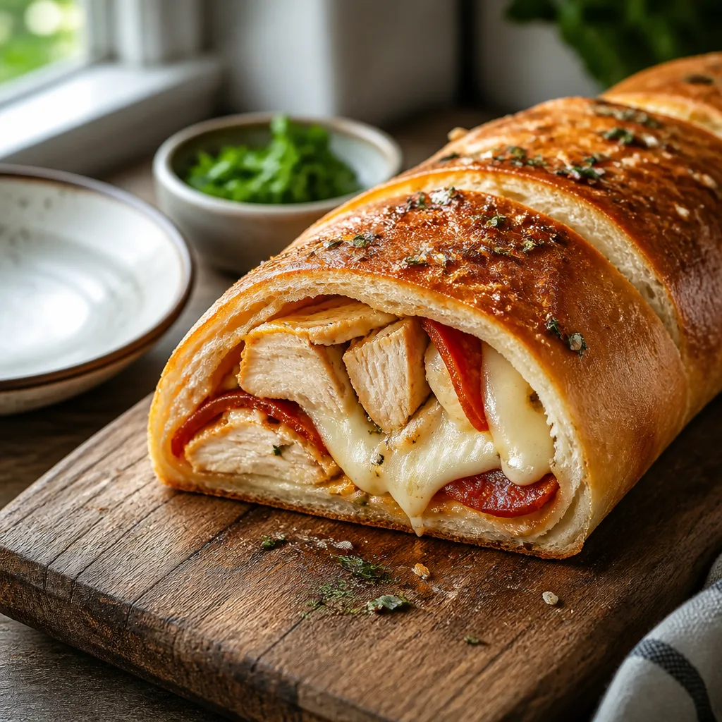 Рулет из теста Стромболи с курицей и моцареллой