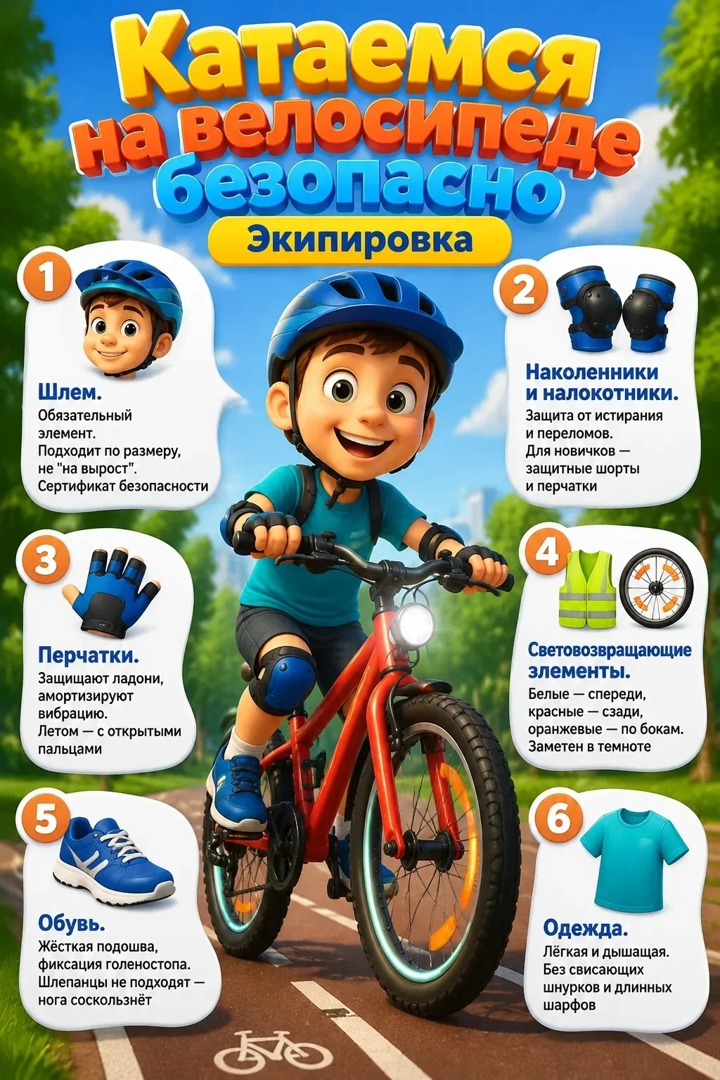 🚲3 июня - Всемирный день велосипеда.
Чтобы избежать травм при катании на велосипеде, соблюдайте пра