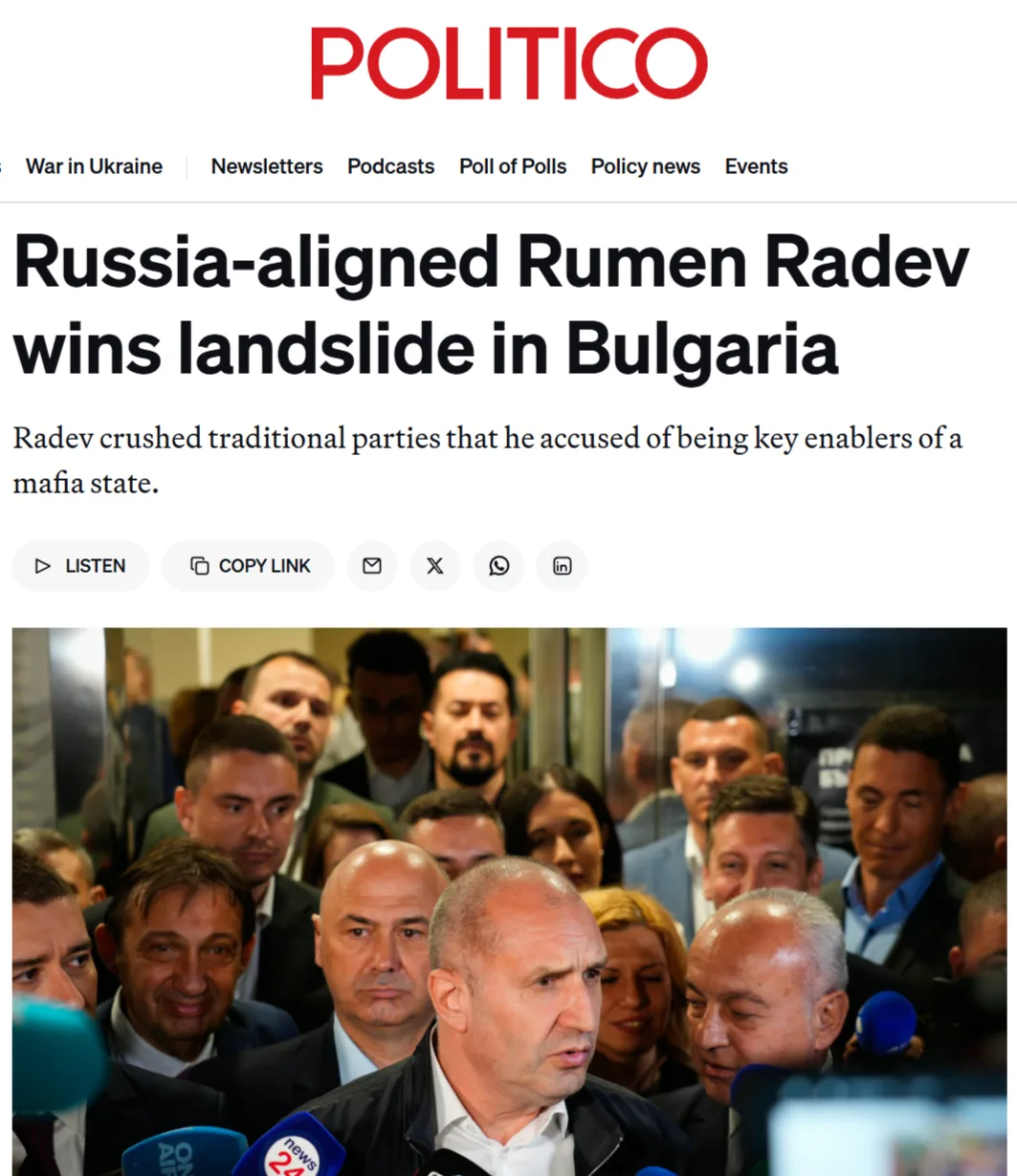 Politico: Румен Радев, бывший президент, лояльный России, одержал убедительную победу на выборах в Б