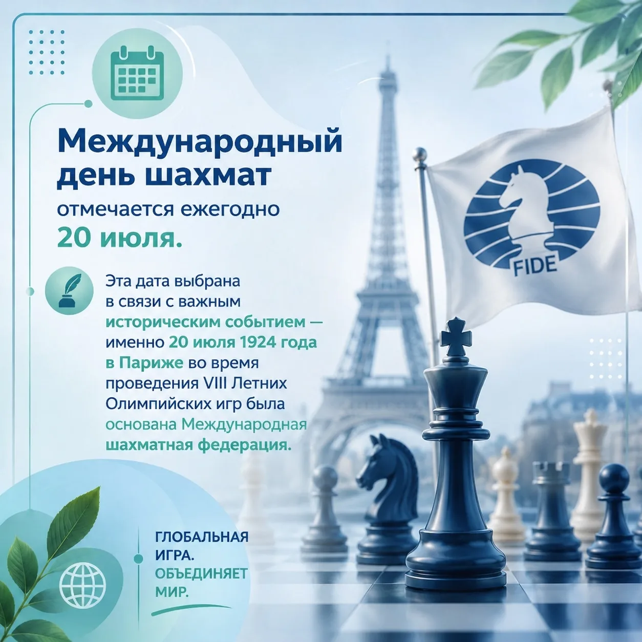 📆 20 июля — Международный день шахмат

Шахматы — это не просто настольная игра, а настоящая школа х