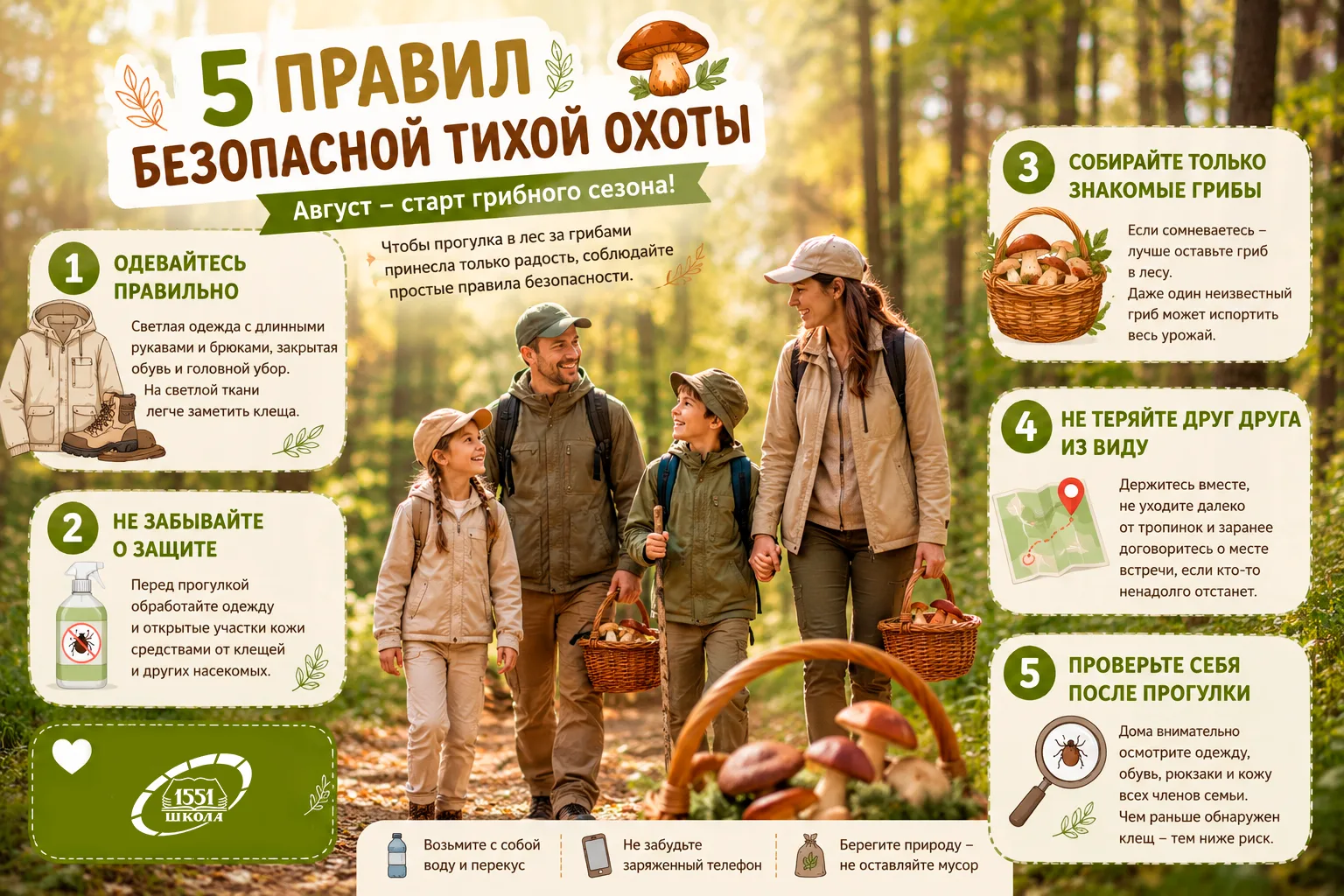 🍄 5 правил безопасной тихой охоты

📅 Август — начало грибного сезона. Многие семьи отправляются в 