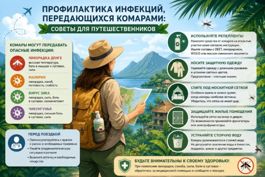 Профилактика инфекций, передающихся комарами: советы для путешественников