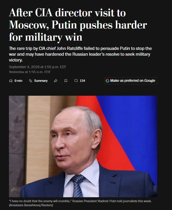 📰 "Редкий визит директора ЦРУ Джона Рэтклиффа в Москву не смог убедить Владимира Путин...