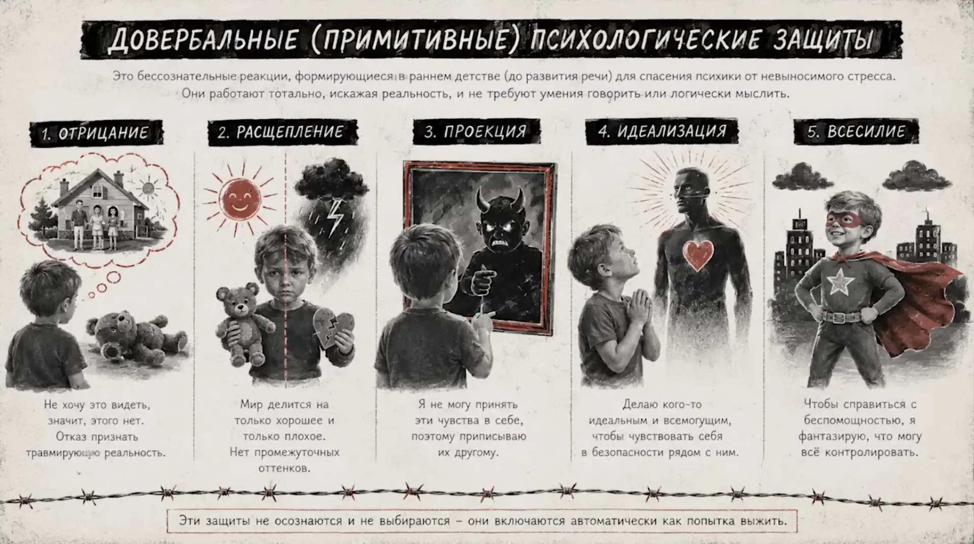 Очень полезная инфографика, которая показывает самые простые и примитивные защиты нашего эго, которы