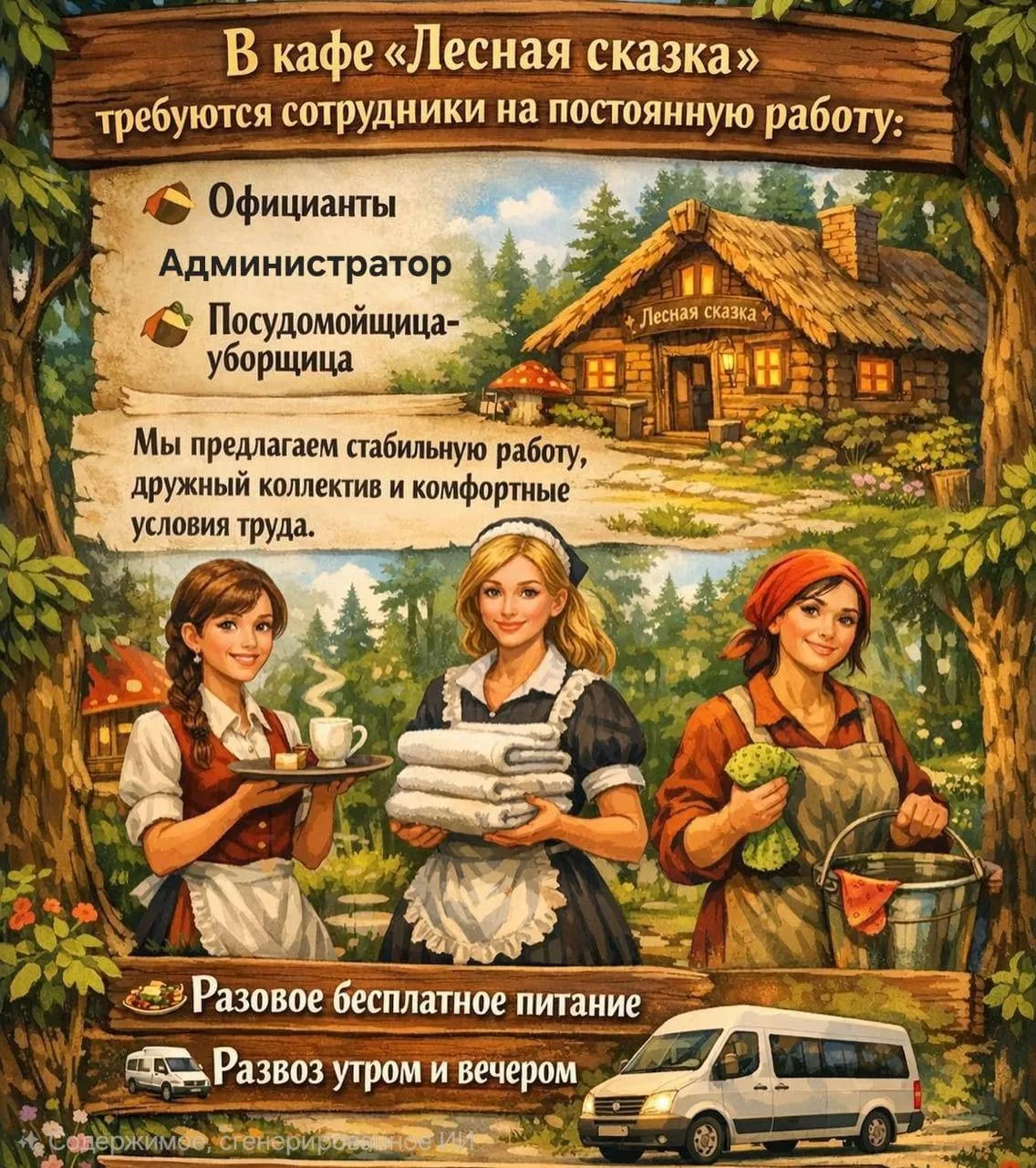 КАФЕ «ЛЕСНАЯ СКАЗКА»
ПРИГЛАШАЕТ В КОМАНДУ

Администратор
Официанты
Мойщицы

Мы предлагаем:- Стабильн