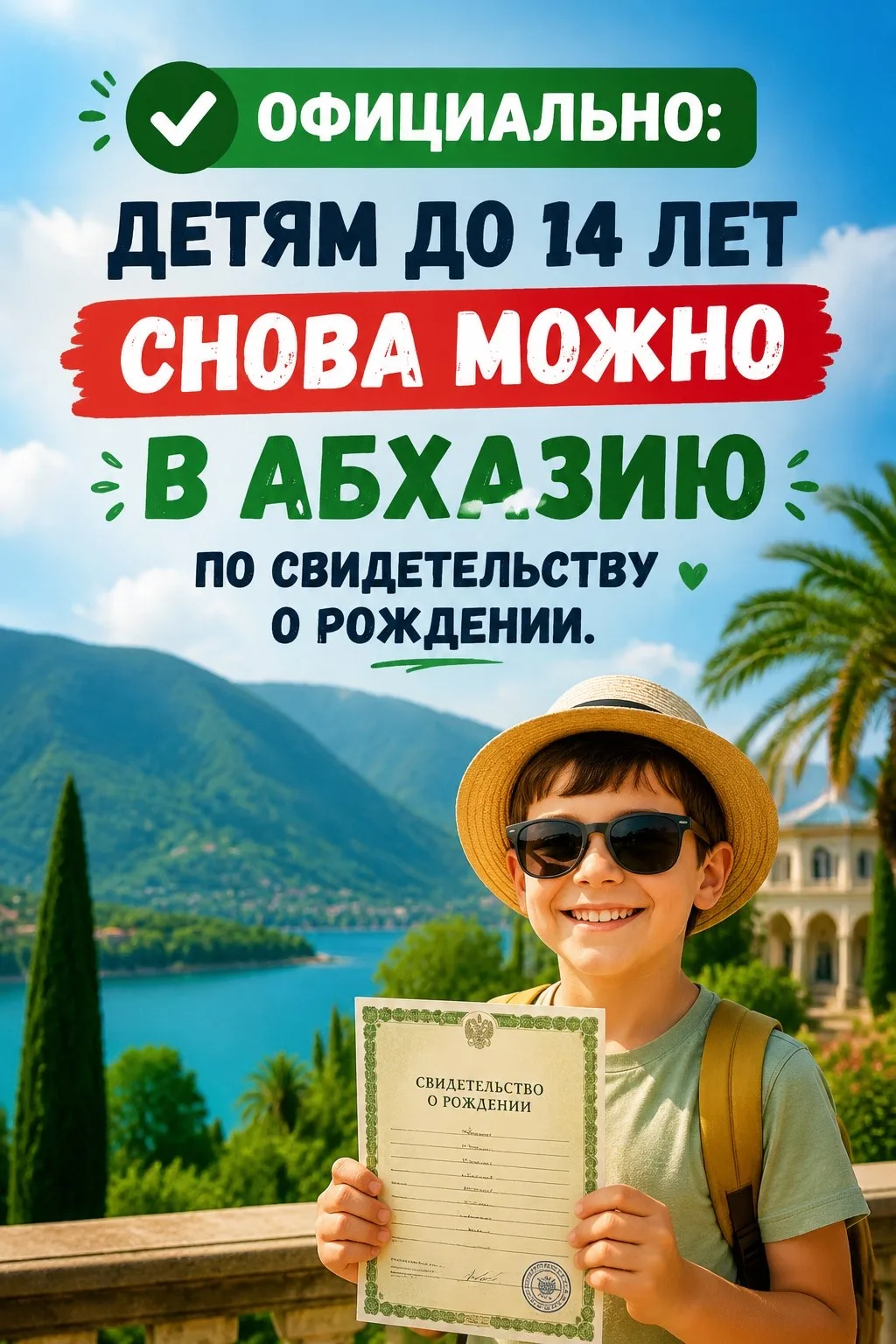 🇷🇺✈️🇦🇧 Официально: детям до 14 лет снова можно в Абхазию по свидетельству о рождении.