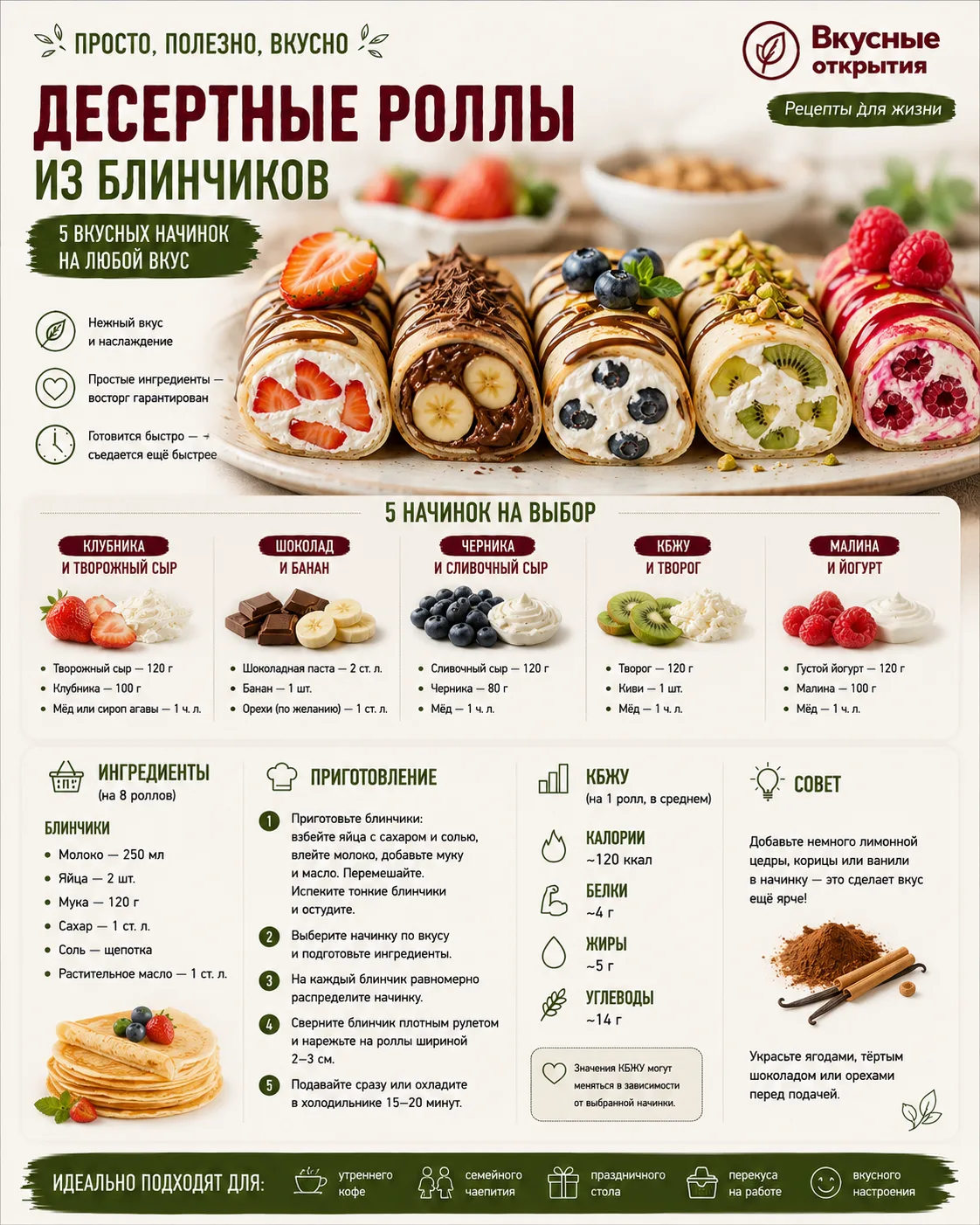 Простые ингредиенты с большим разнообразием вкусов 🍌🍓🫐🥝🍫