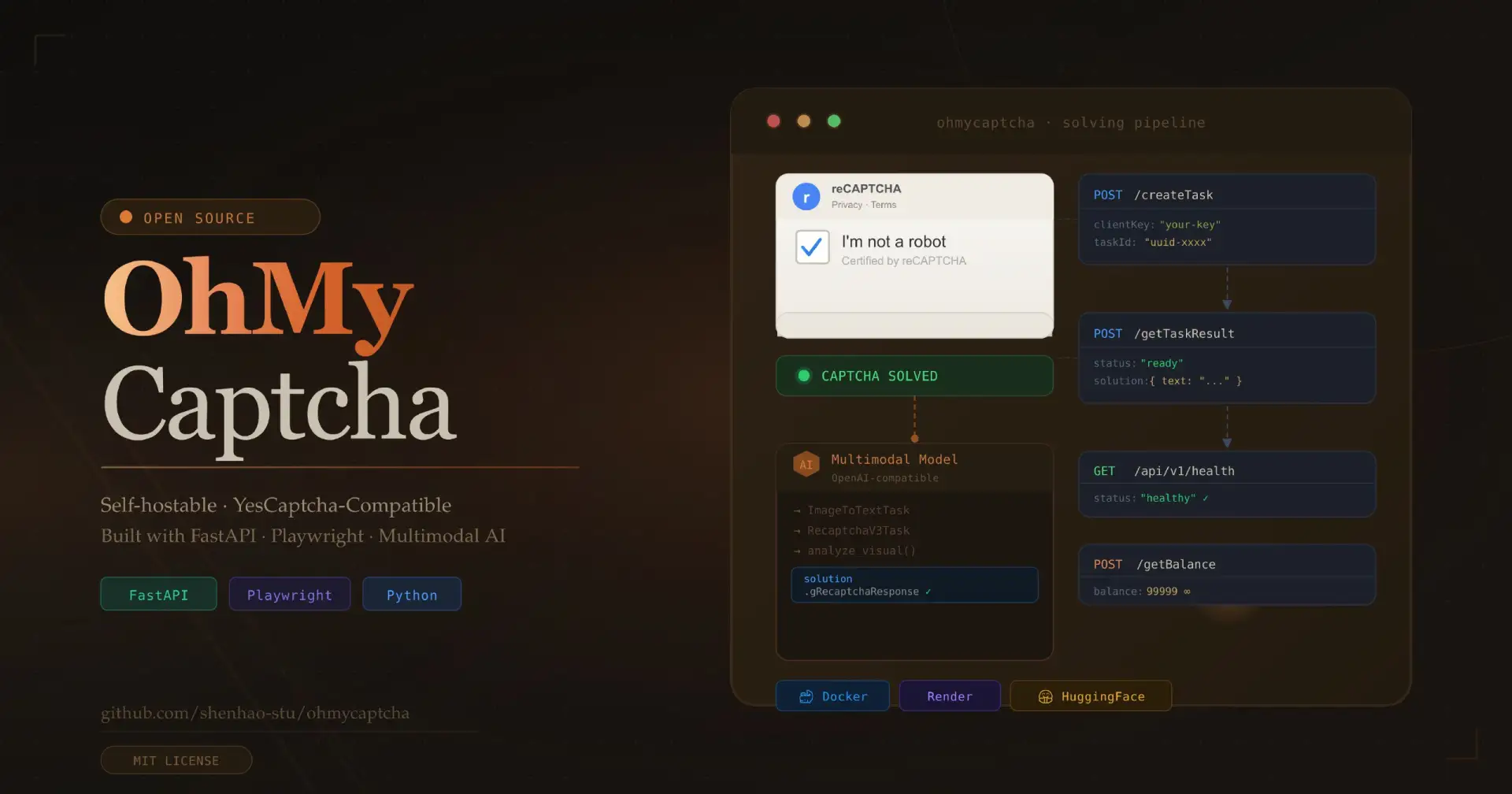 Ohmycaptcha — самостоятельный решатель капчи, совместимый с YesCaptcha, созданный с исп...