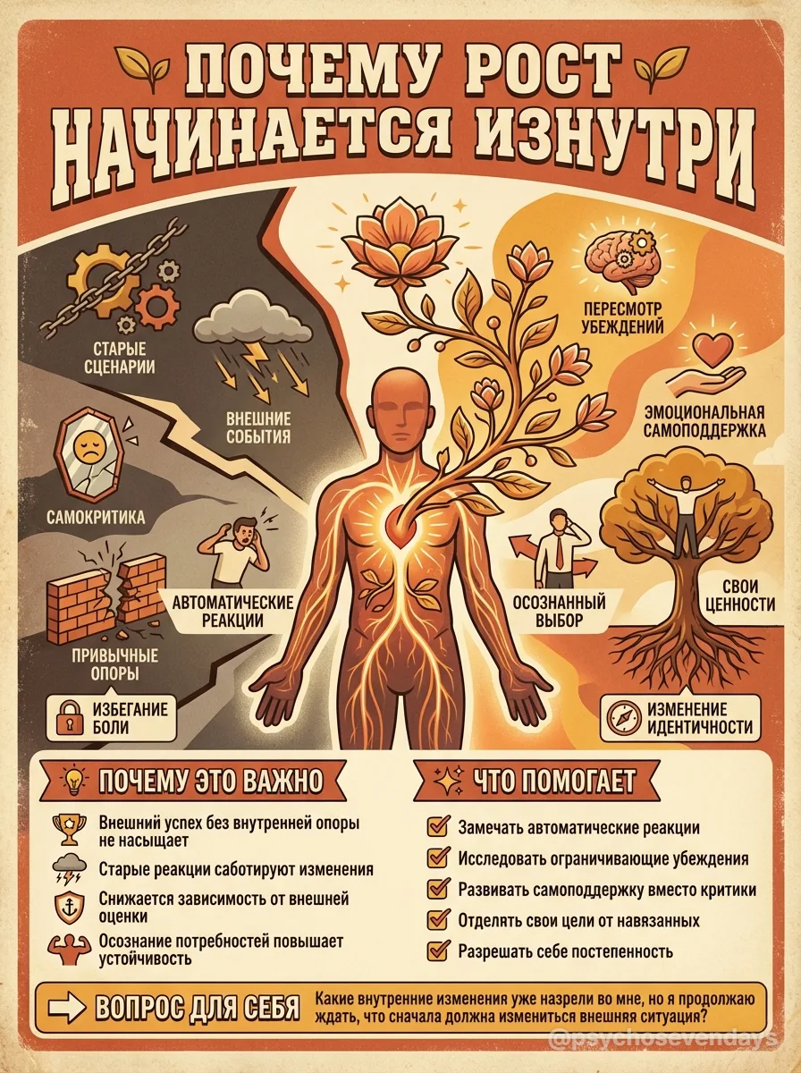 Почему рост начинается изнутри 🌱

Психологический рост не запускается внешними событиями сам по себ