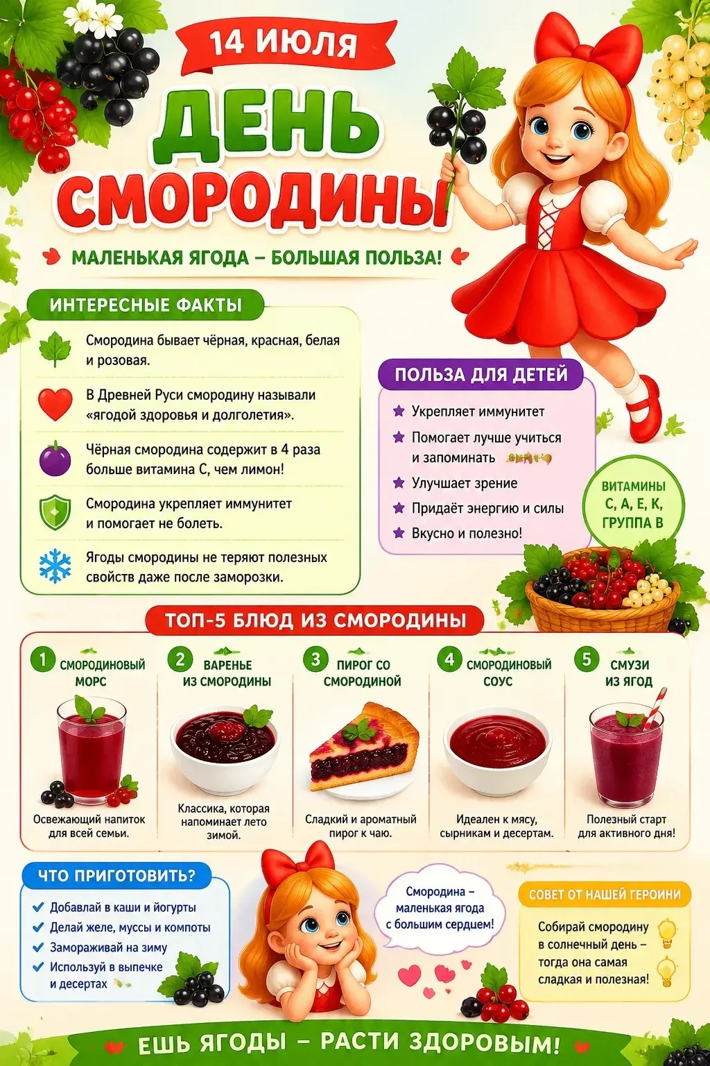 🍇 Сегодня, 14 июля — День смородины!

В самый разгар лета мы отмечаем праздник одной из самых любим