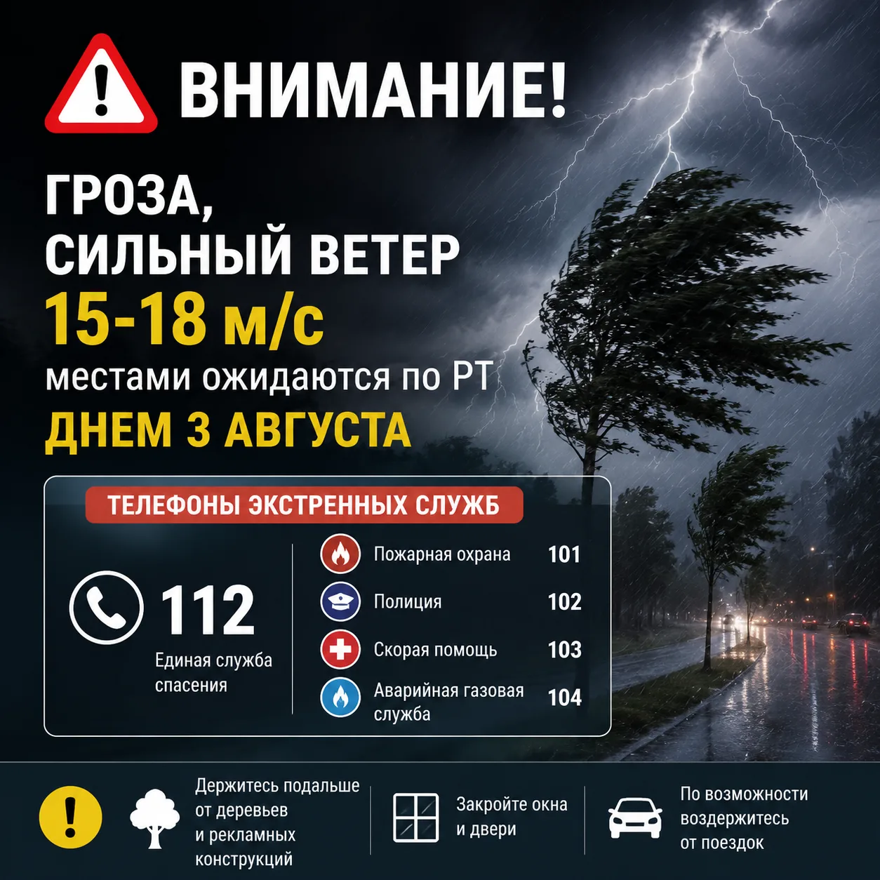 Гроза, сильный ветер 15-18 м/с местами ожидаются по РТ днем 3 августа. Тел. экс. служб 112.