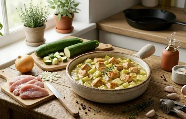 Индейка, тушенная с кабачками и чесноком