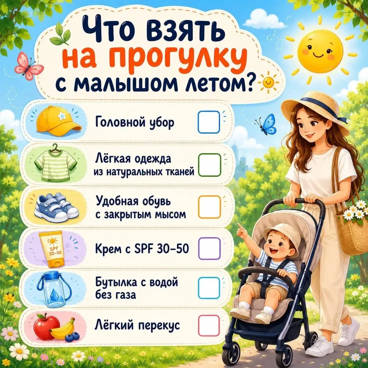 🦋 Спокойная прогулка начинается с простых сборов

Летняя прогулка с ребенком — это всегда маленькое