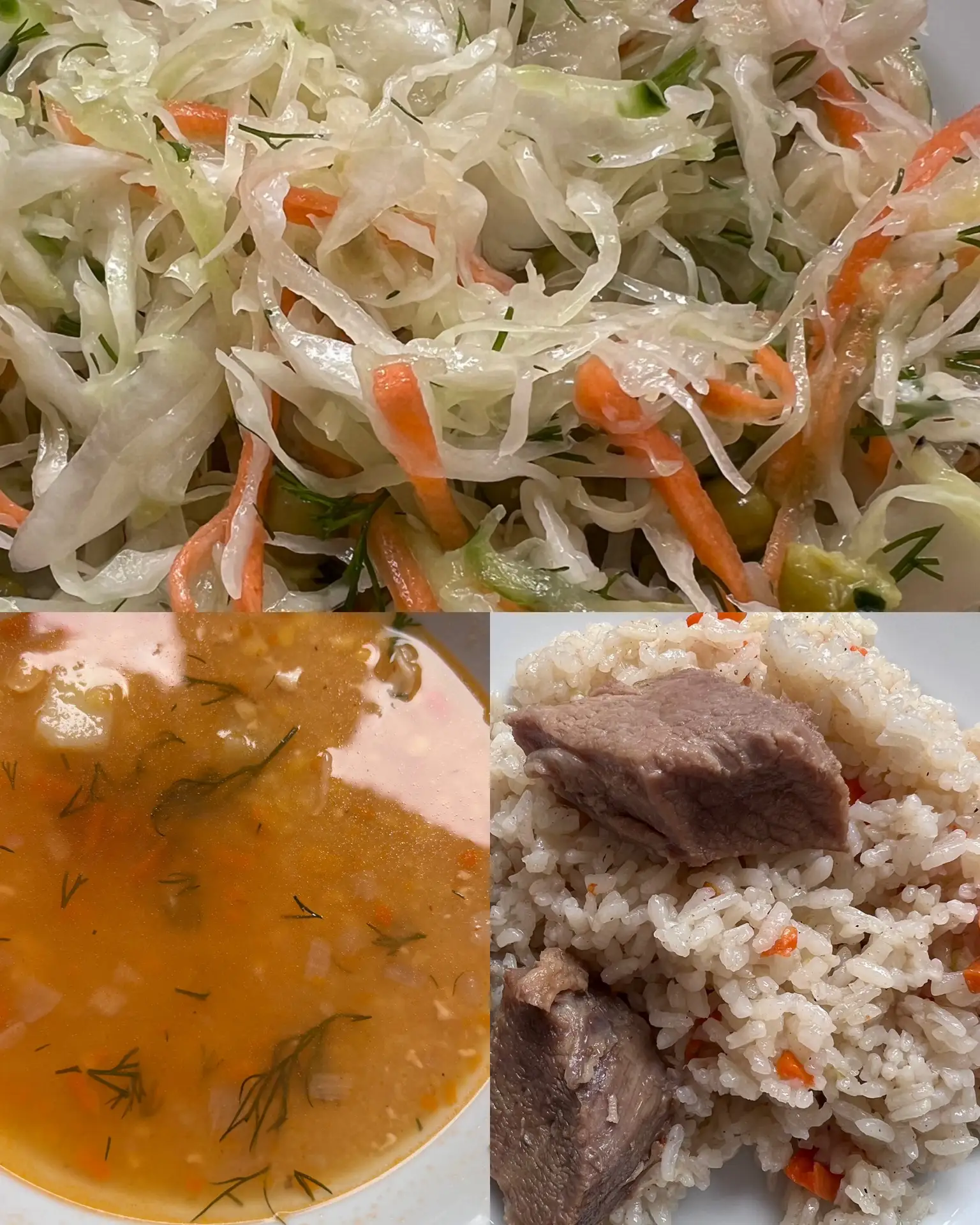А это сегодняшний обед: суп, плов с мясом, овощной салат и компот 💪🏽