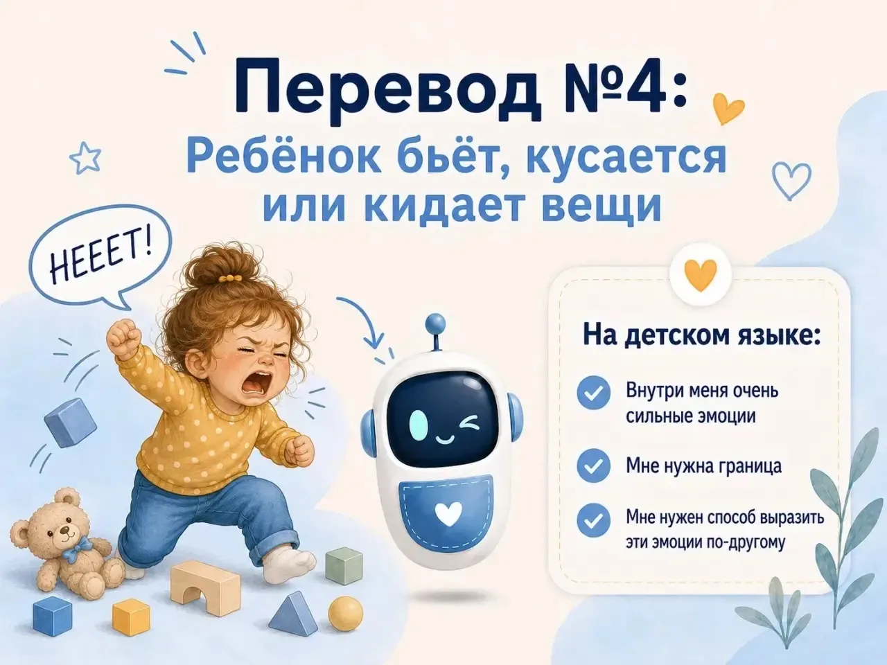 Советы от педагогов-психологов
Перевод №4: Ребёнок бьёт, кусается или кидает вещи 
 
Мама говорит: «