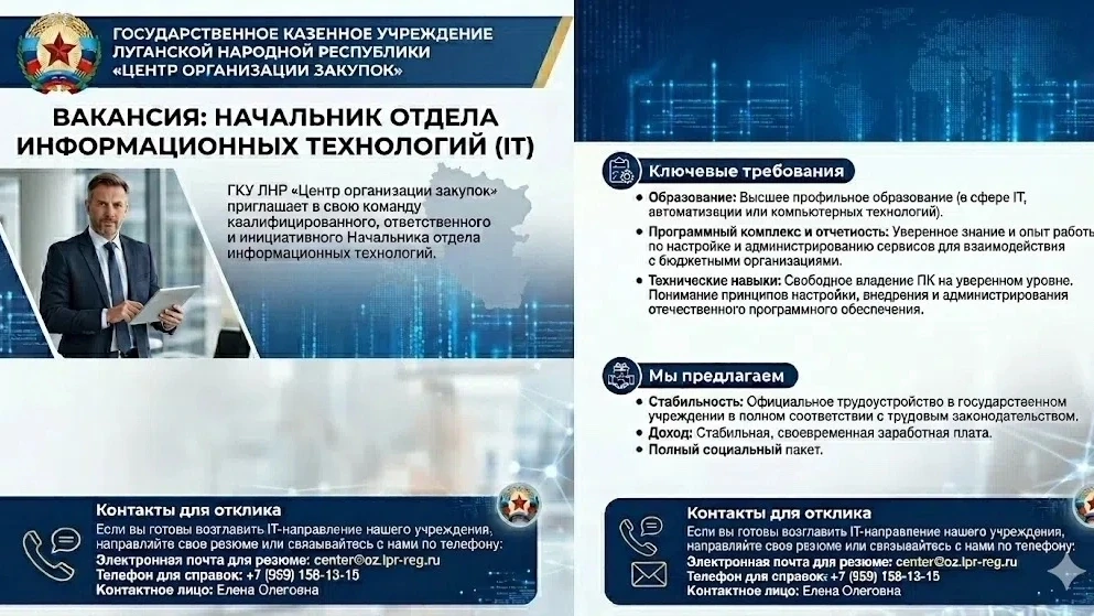 ГОСУДАРСТВЕННОЕ КАЗЕННОЕ УЧРЕЖДЕНИЕ ЛУГАНСКОЙ НАРОДНОЙ РЕСПУБЛИКИ "ЦЕНТР ОРГАНИЗАЦИИ ЗАКУПОК"
Регион