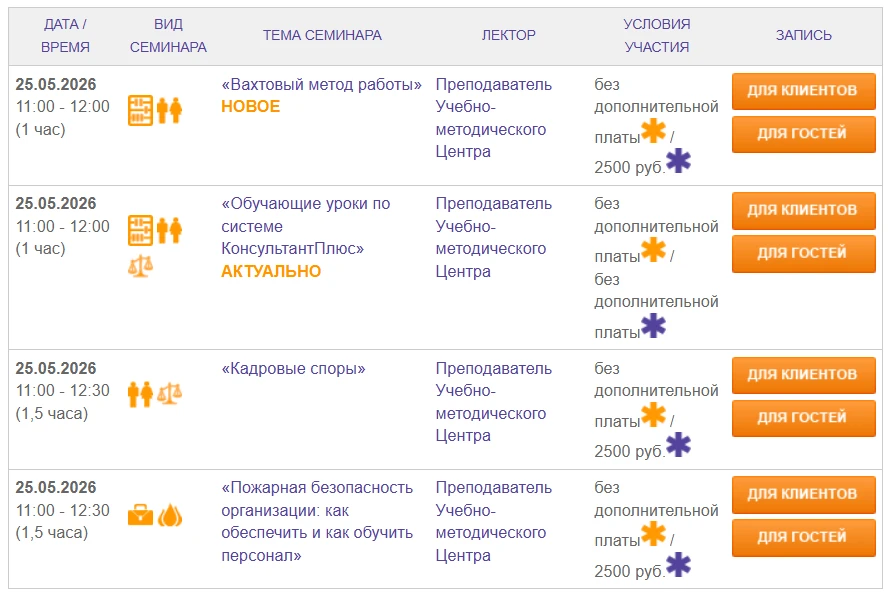 Расписание семинаров учебного центра на следующую неделю.