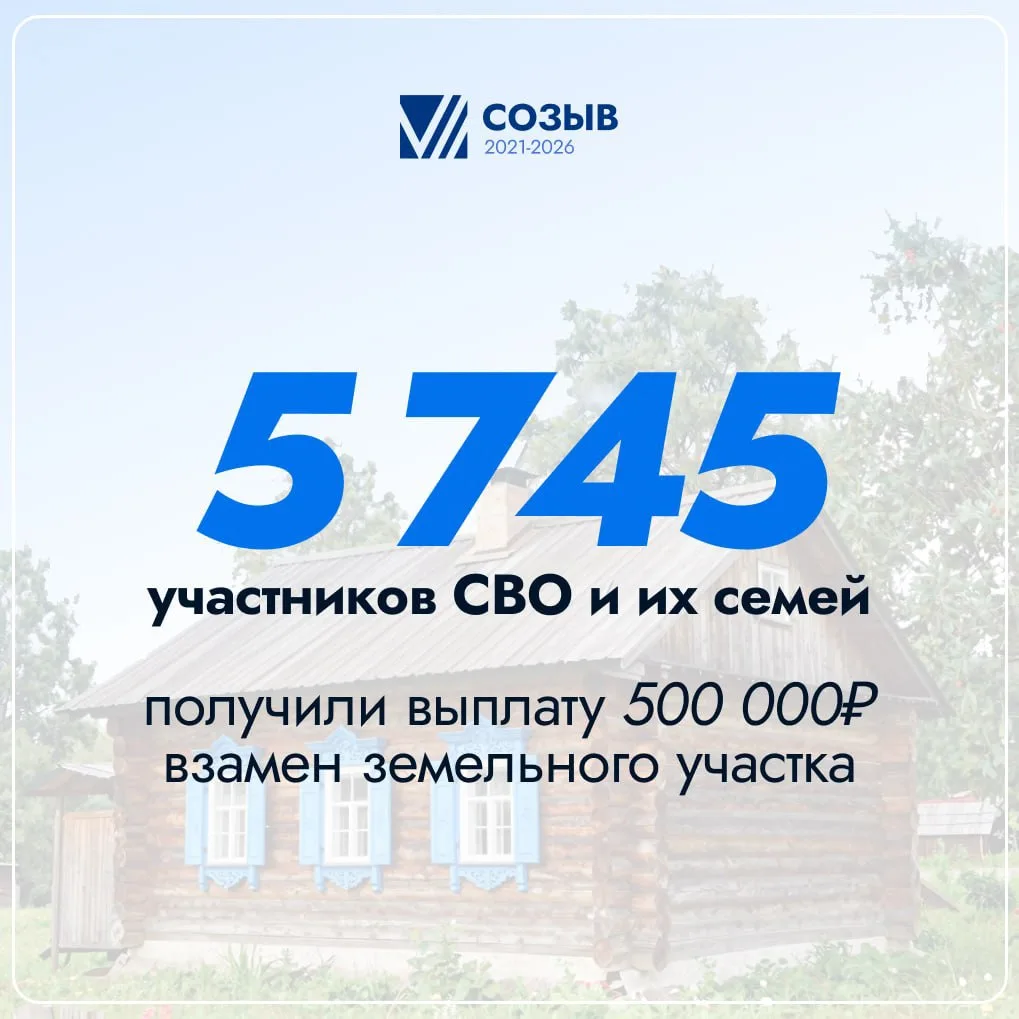 Свыше 5,7 тысячи участников СВО и их семей получили выплату 500 тыс. рублей взамен земе...