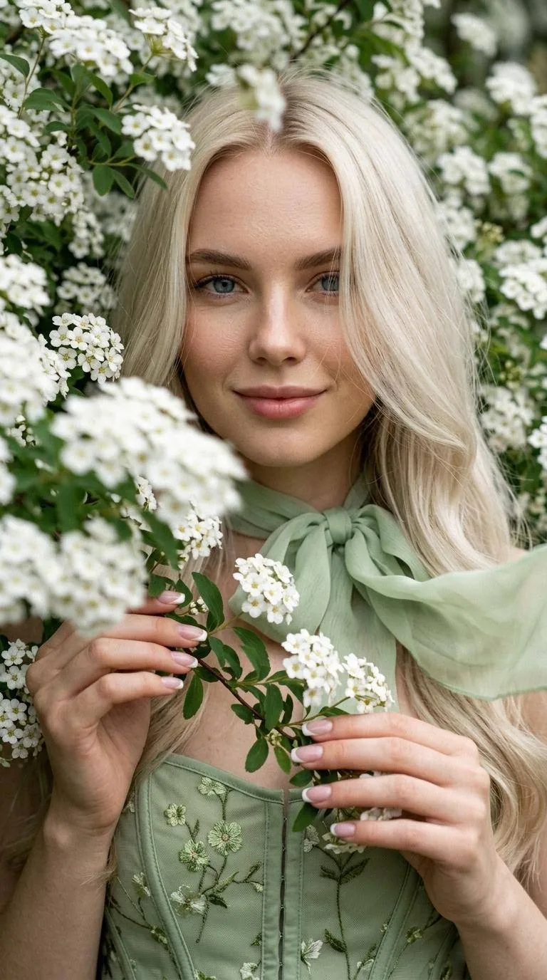 Цветочный взгляд 🌸  Экстремально крупный план лица. Девушка сидит в кустах цветов белых мелких и при