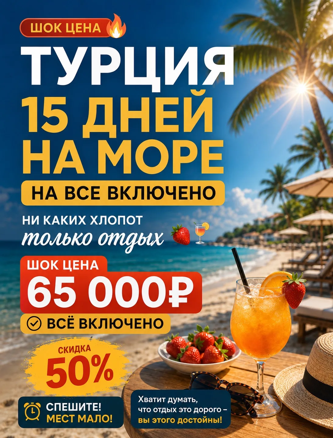 🔥 ТУРЦИЯ В ПИК СЕЗОНА ЗА 65 000 ₽ 😳

🌊 15 дней на море
🍸 Всё включено
✈️ Вылет из Казани 26.06
☀