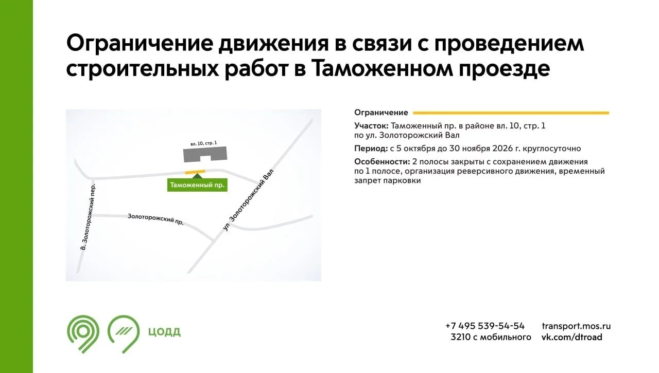 С 5 октября до 30 ноября на участке Таможенного проезда будут закрыты 2 полосы. Это свя...
