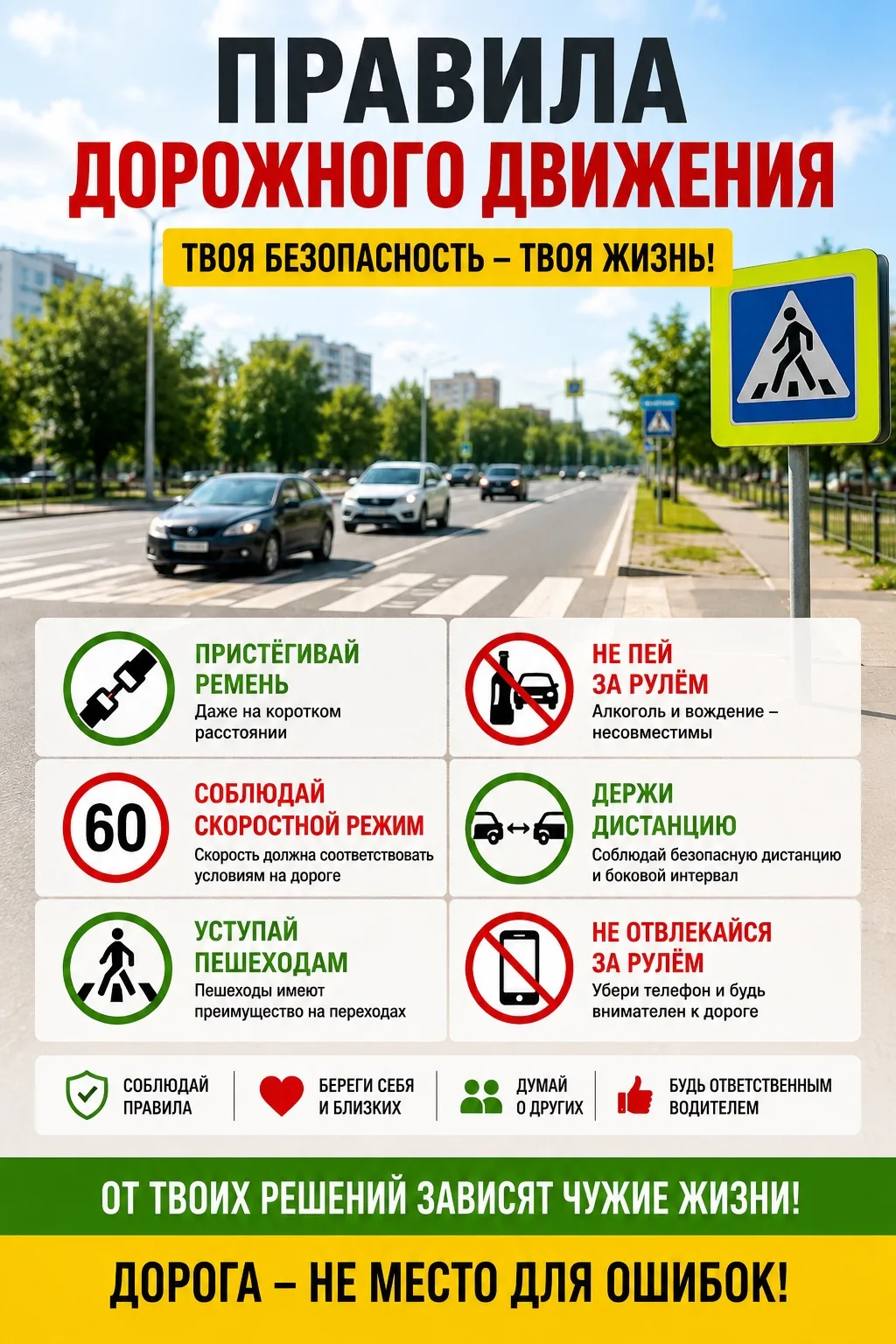 Дорога не прощает ошибок! 🛑

Безопасность на дороге зависит от решений каждого из нас. За рулем нет