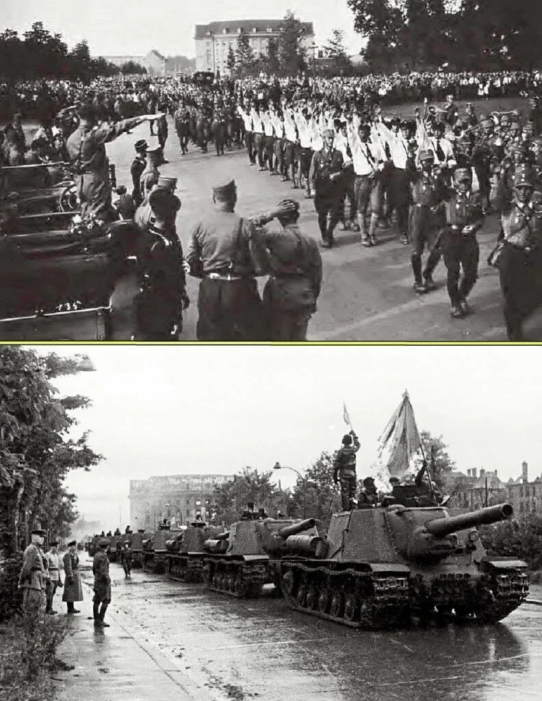 Вид на Дойчорденринг, ныне Гвардейский проспект. Нацистский парад 1932 года и парад Поб...