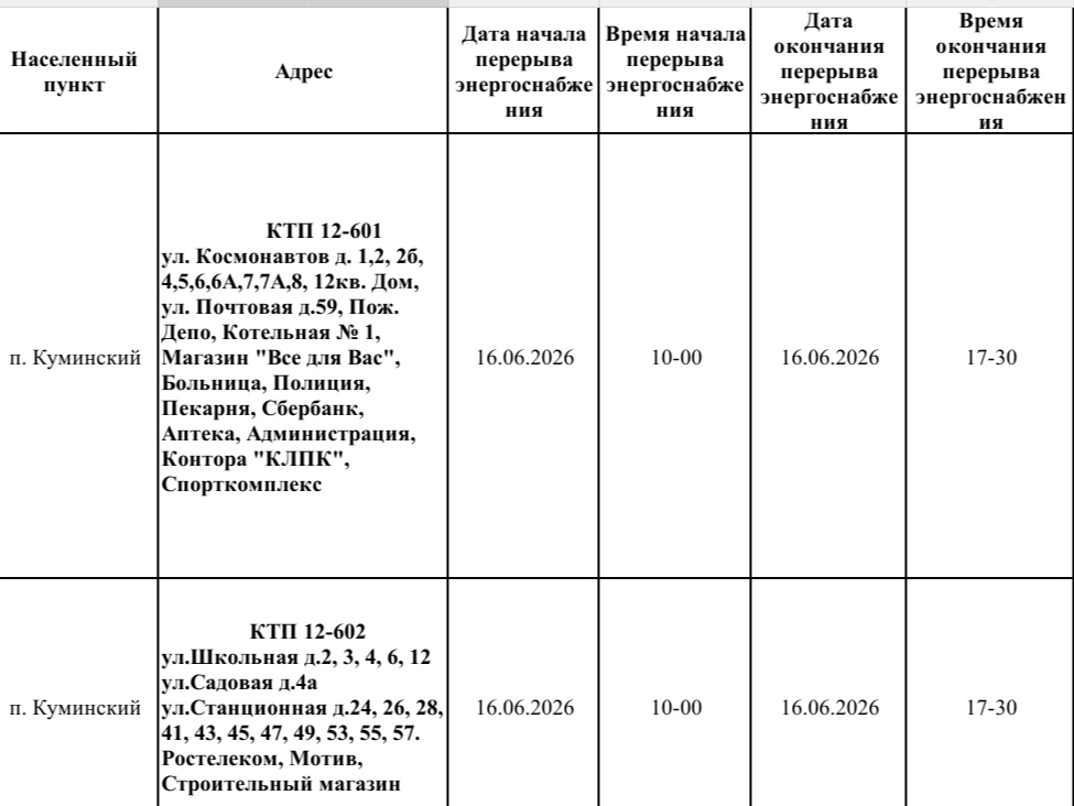 Уважаемые куминцы!
АО ЮРЭСК уведомляет о проведении планового отключения электроэнергии 16 июня 2026