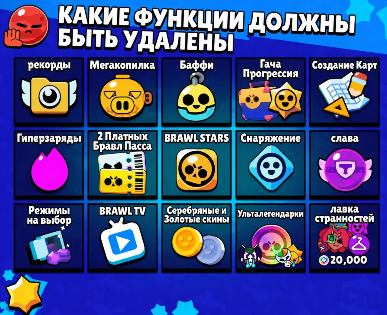 ❌ КАКИЕ ФУНКЦИИ СЛЕДУЕТ УДАЛИТЬ?

➡️ В Brawl Stars с момента запуска было добавлено множество новых 