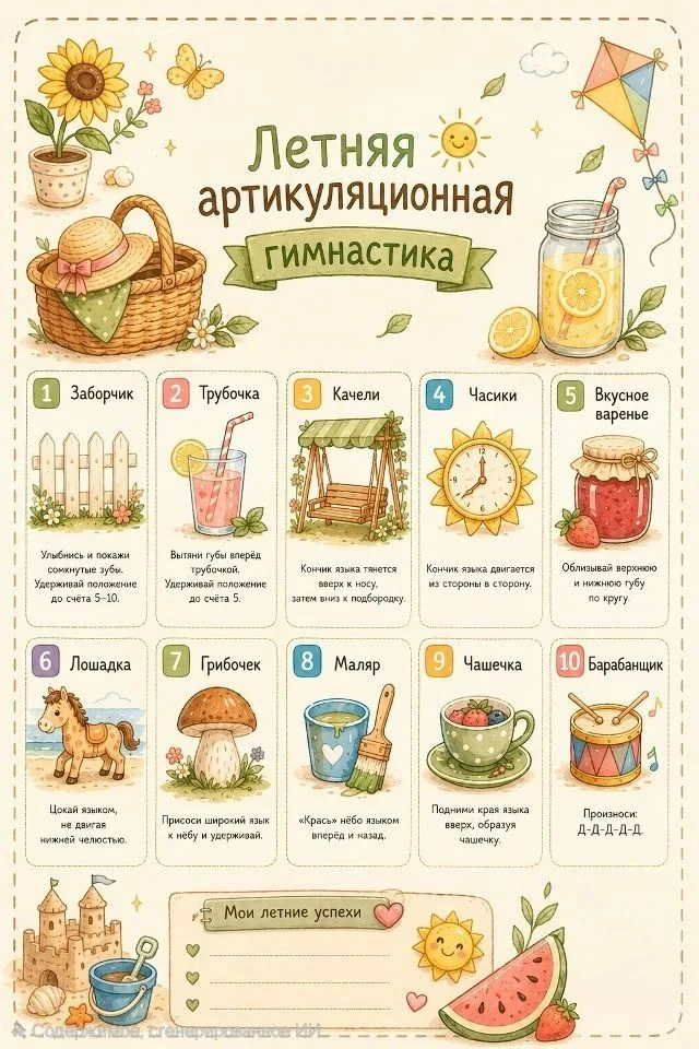 👅 Артикуляционная гимнастика летом: играем и не скучаем!

Уважаемые родители! Лето — время отдыха, 