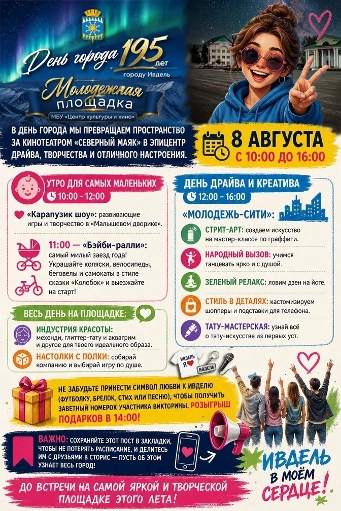 Ивдель отмечает 195 лет, и мы сделаем этот день по-настоящему ярким вместе! 
8 августа с 10:00 до 16