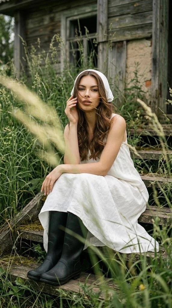 🌿  Деревенская нежность  Белое платье, платок и высокая трава у старого дома — спокойный кадр в эсте