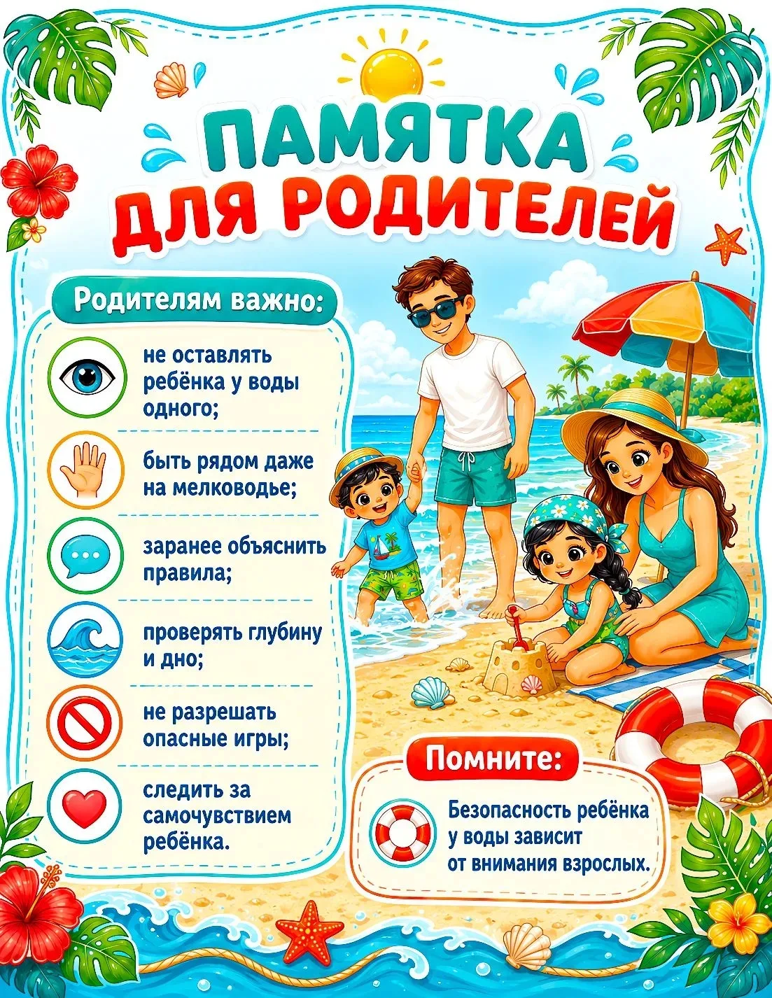 Уважаемые мамы и папы!

С наступлением тёплых дней дети всё чаще проводят время у воды — на речке, о