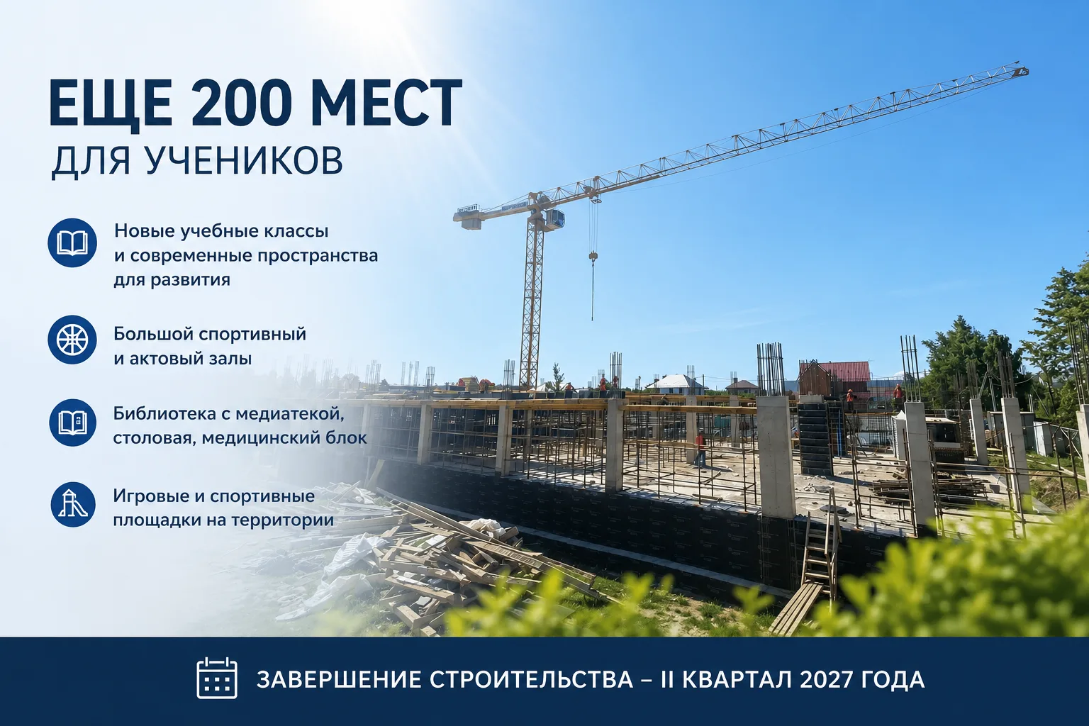 Новые классы, большой спортзал, библиотека и еще 200 учебных мест