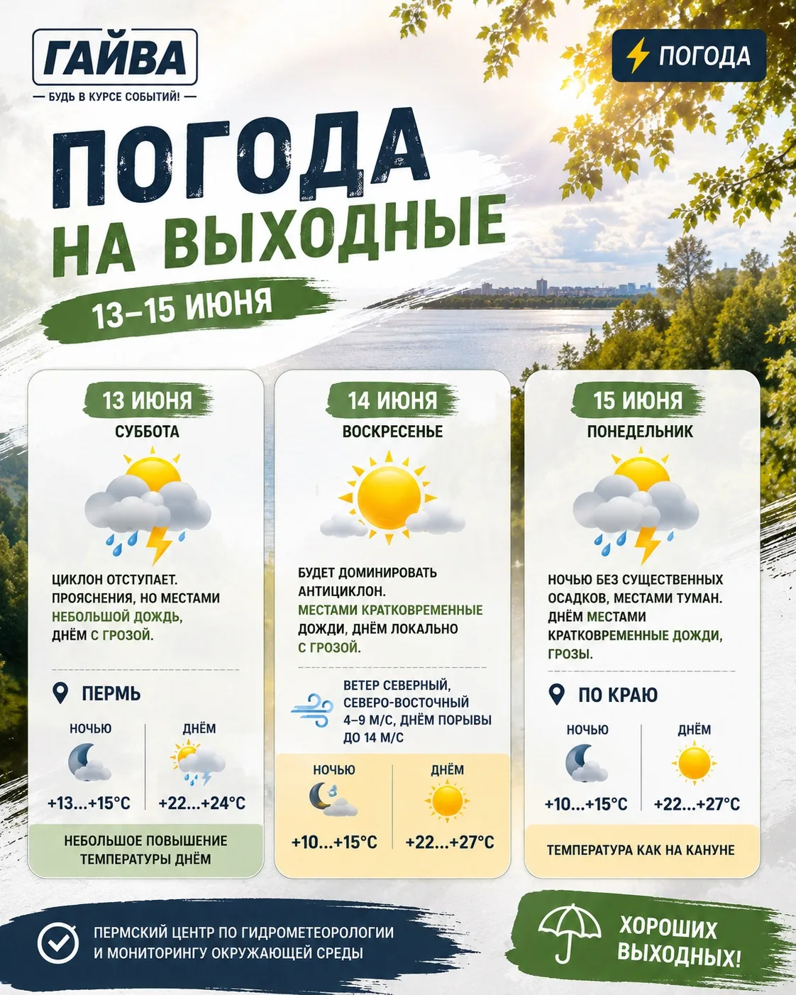 🌤 Погода на выходные в Пермском крае

После дождливого начала недели погода постепенно начнёт улучш